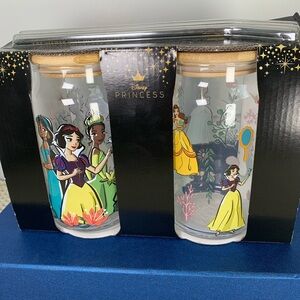 Set Of 2 Disney Princess Glass Tumblers  W/ Bamboo Lids & Glass Straws 16 oz